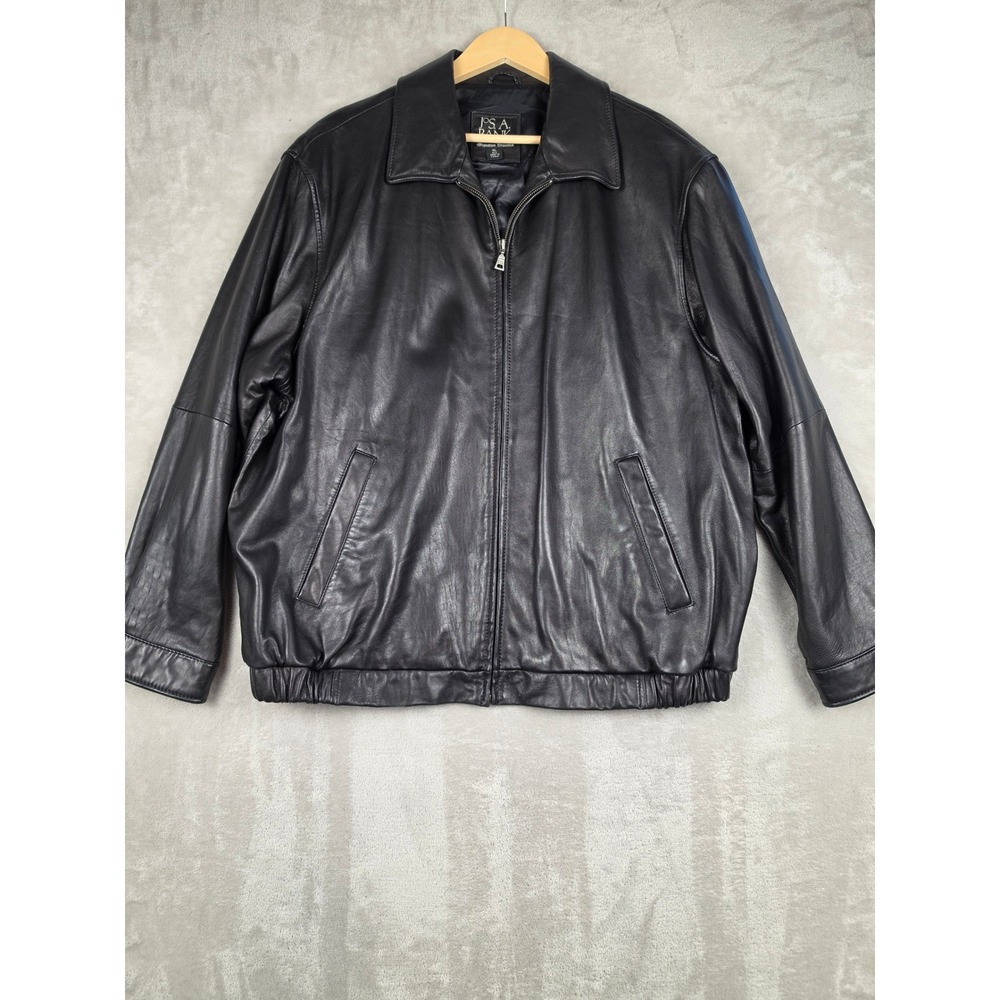 Jos‎ A Bank Leather Jacket Mens XL Black Signature Collection Full Zip Bomber